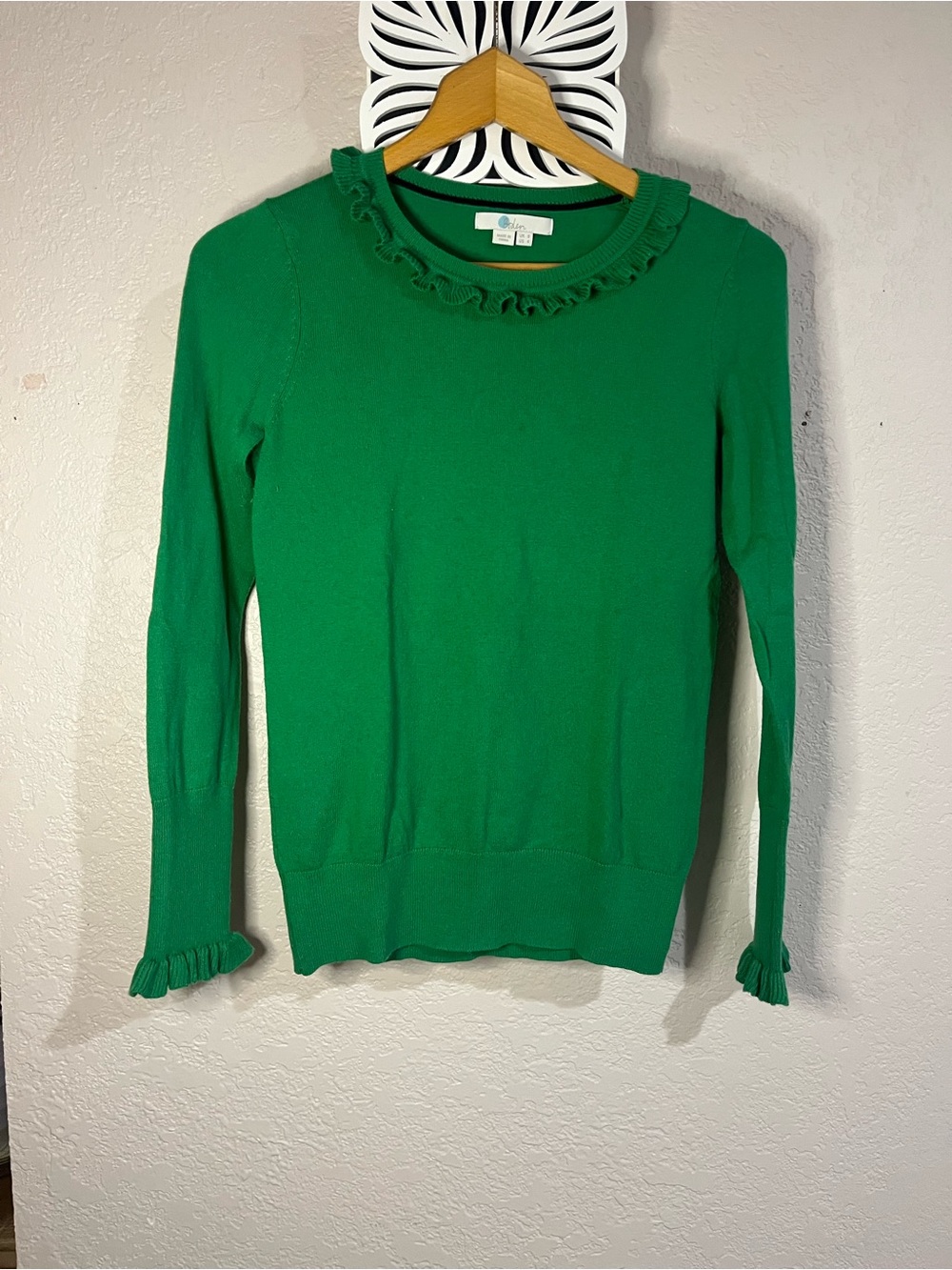 Boden Emerald Ruffle Trim Crewneck Sweater